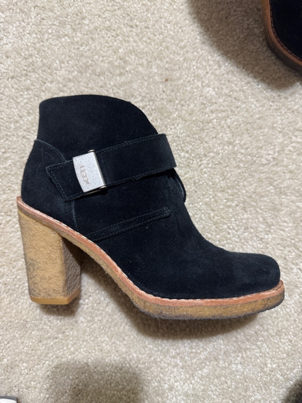 UGG Black Suede Ankle Heeled Boots with Wood-Tone Heel - Picture 2 of 6